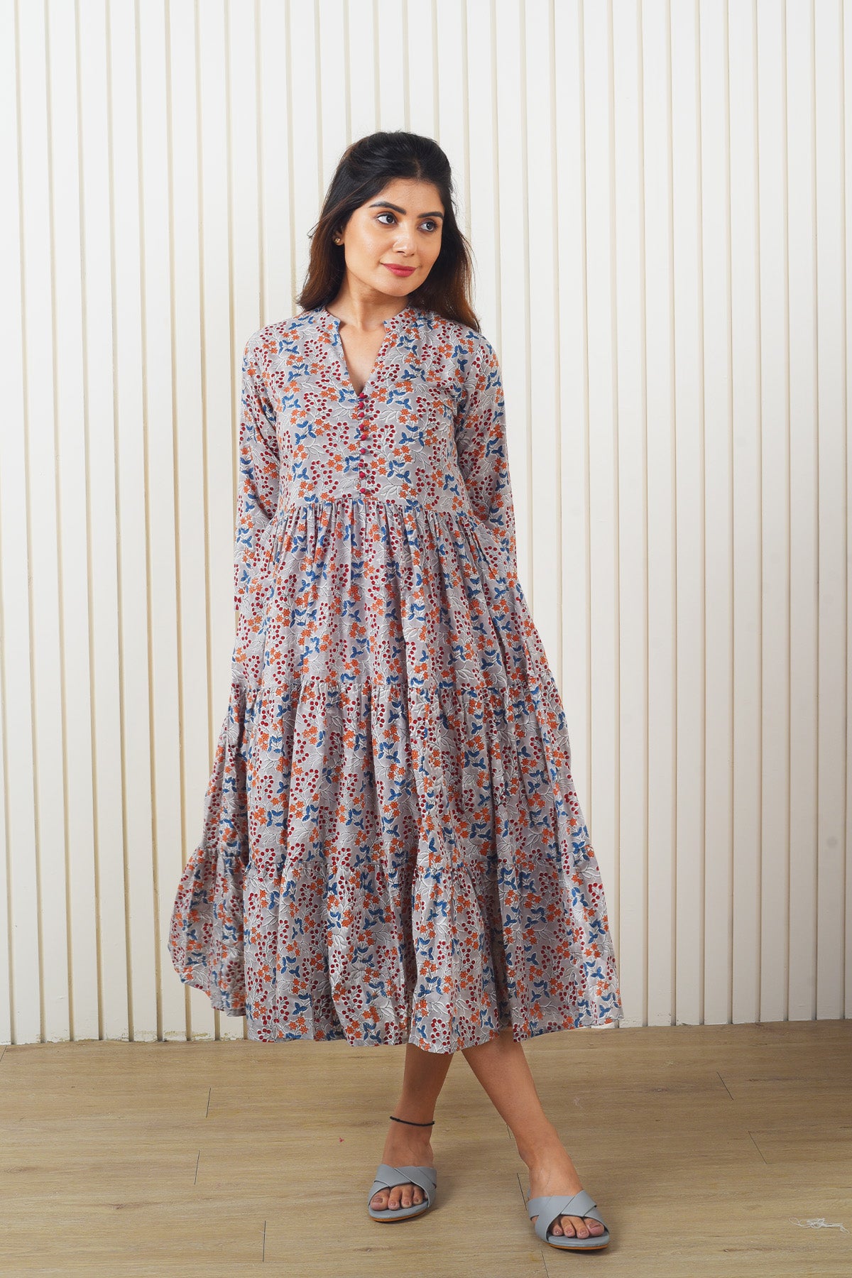 Gulrukh - Hand Block Printed Cotton Wrap Midi Dress With Bell Sleeves –  InduBindu